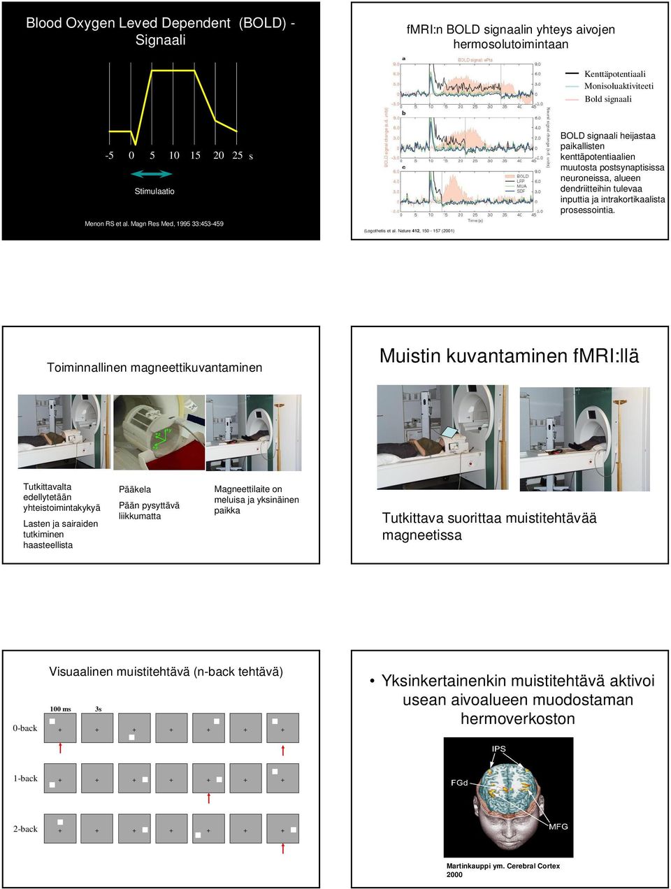 Nature 412, 150-157 (2001) BOLD signaali heijastaa paikallisten kenttäpotentiaalien muutosta postsynaptisissa neuroneissa, alueen dendriitteihin tulevaa inputtia ja intrakortikaalista prosessointia.