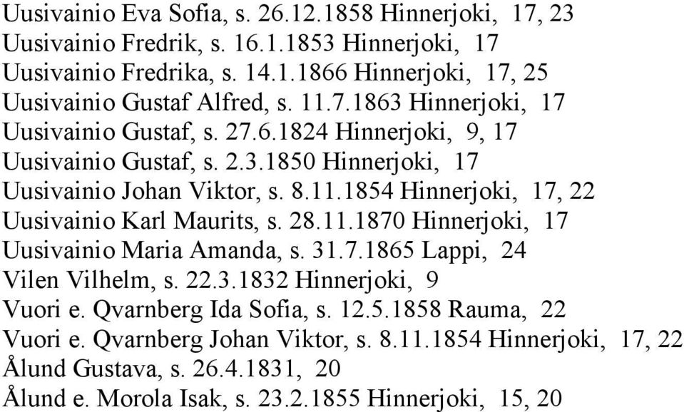 28.11.1870 Hinnerjoki, 17 Uusivainio Maria Amanda, s. 31.7.1865 Lappi, 24 Vilen Vilhelm, s. 22.3.1832 Hinnerjoki, 9 Vuori e. Qvarnberg Ida Sofia, s. 12.5.1858 Rauma, 22 Vuori e.