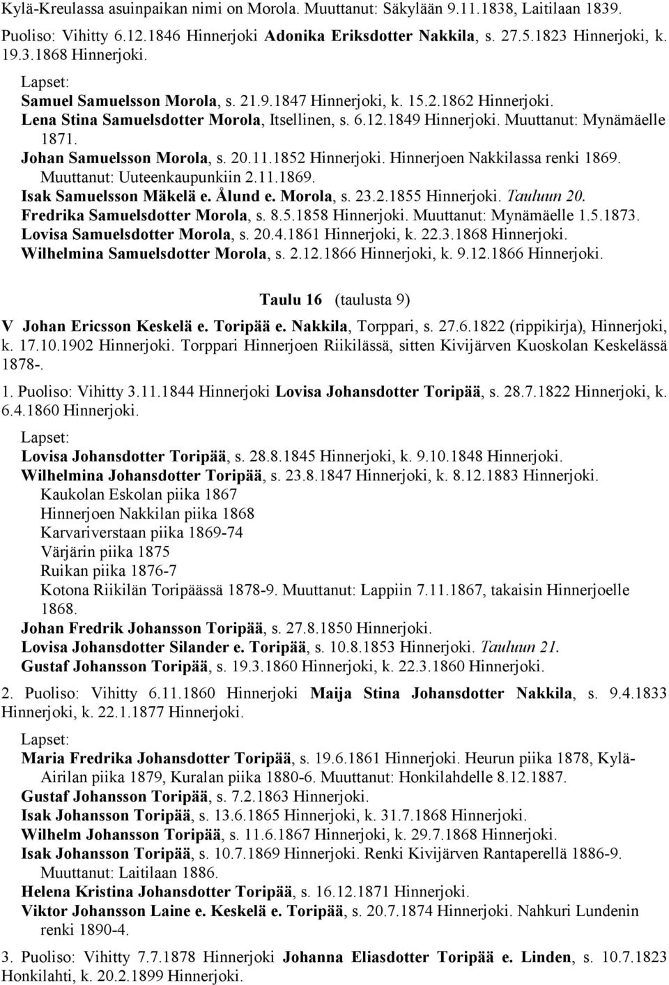 Johan Samuelsson Morola, s. 20.11.1852 Hinnerjoki. Hinnerjoen Nakkilassa renki 1869. Muuttanut: Uuteenkaupunkiin 2.11.1869. Isak Samuelsson Mäkelä e. Ålund e. Morola, s. 23.2.1855 Hinnerjoki.