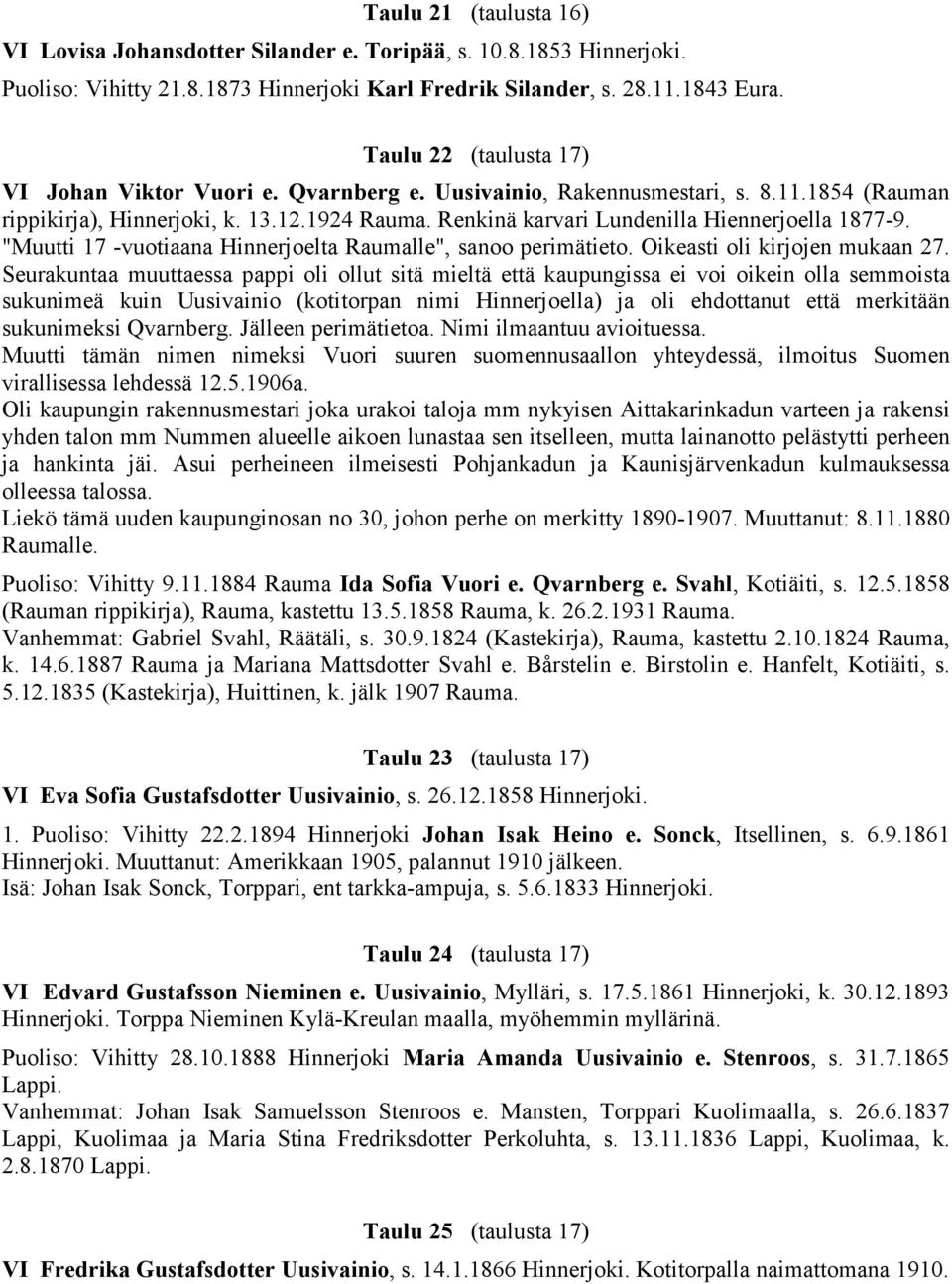 Renkinä karvari Lundenilla Hiennerjoella 1877-9. "Muutti 17 -vuotiaana Hinnerjoelta Raumalle", sanoo perimätieto. Oikeasti oli kirjojen mukaan 27.