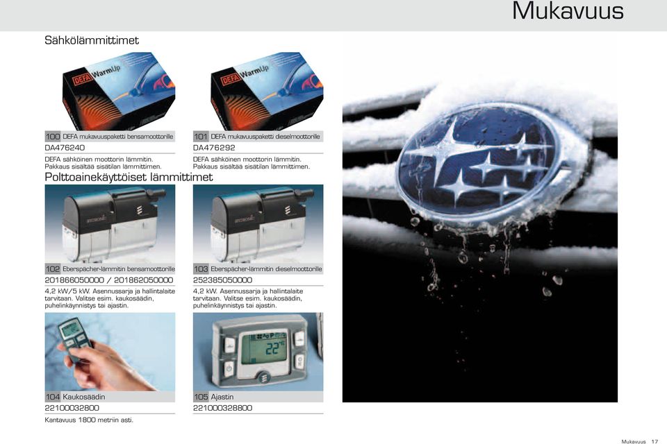 102 Eberspächer-lämmitin bensamoottorille 103 Eberspächer-lämmitin dieselmoottorille 201866050000 / 201862050000 252385050000 4,2 kw/5 kw. Asennussarja ja hallintalaite 4,2 kw.