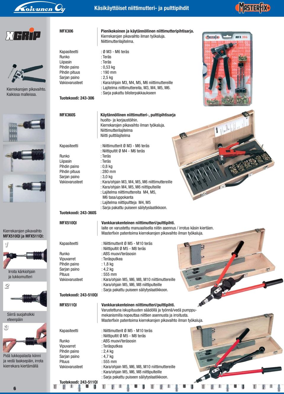 : Ø M3 - M6 : Teräs : Teräs : 0,53 kg : 190 mm : 2,5 kg : Kara/ohjain M3, M4, M5, M6 niittimuttereille : Lajitelma niittimuttereita, M3, M4, M5, M6.