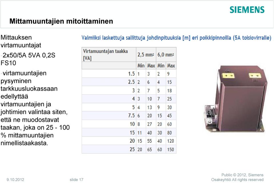 edellyttää virtamuuntajien ja johtimien valintaa siten, että ne