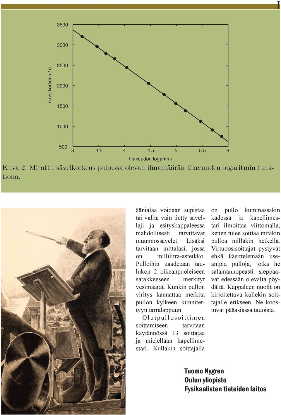 5 6 tilavuuden logaritmi Kuva 2: Mitattu sävelkorkeus pullossa olevan ilmamäärän tilavuuden logaritmin funktiona.