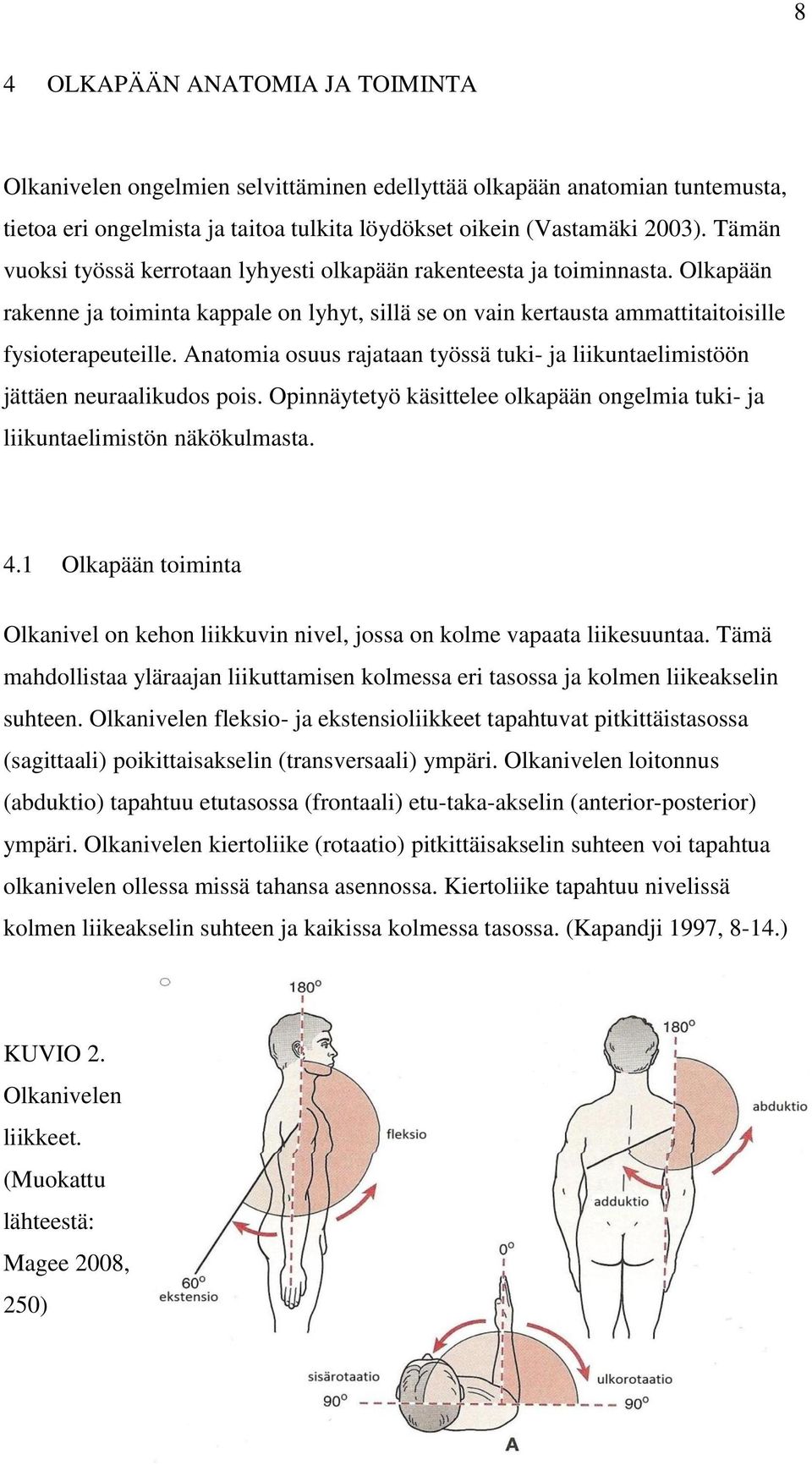 Anatomia osuus rajataan työssä tuki- ja liikuntaelimistöön jättäen neuraalikudos pois. Opinnäytetyö käsittelee olkapään ongelmia tuki- ja liikuntaelimistön näkökulmasta. 4.