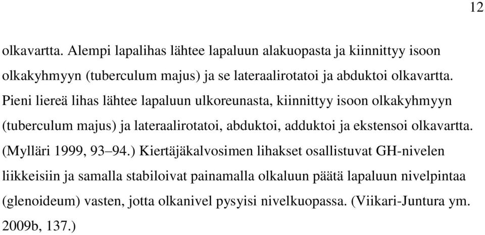 Pieni liereä lihas lähtee lapaluun ulkoreunasta, kiinnittyy isoon olkakyhmyyn (tuberculum majus) ja lateraalirotatoi, abduktoi, adduktoi ja