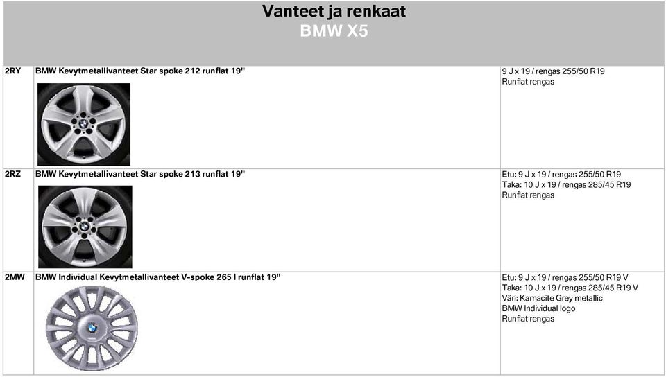 Taka: 10 J 19 / rengas 285/45 R19 2MW BMW Individual Kevytmetallivanteet V-spoke 265 I runflat 19"