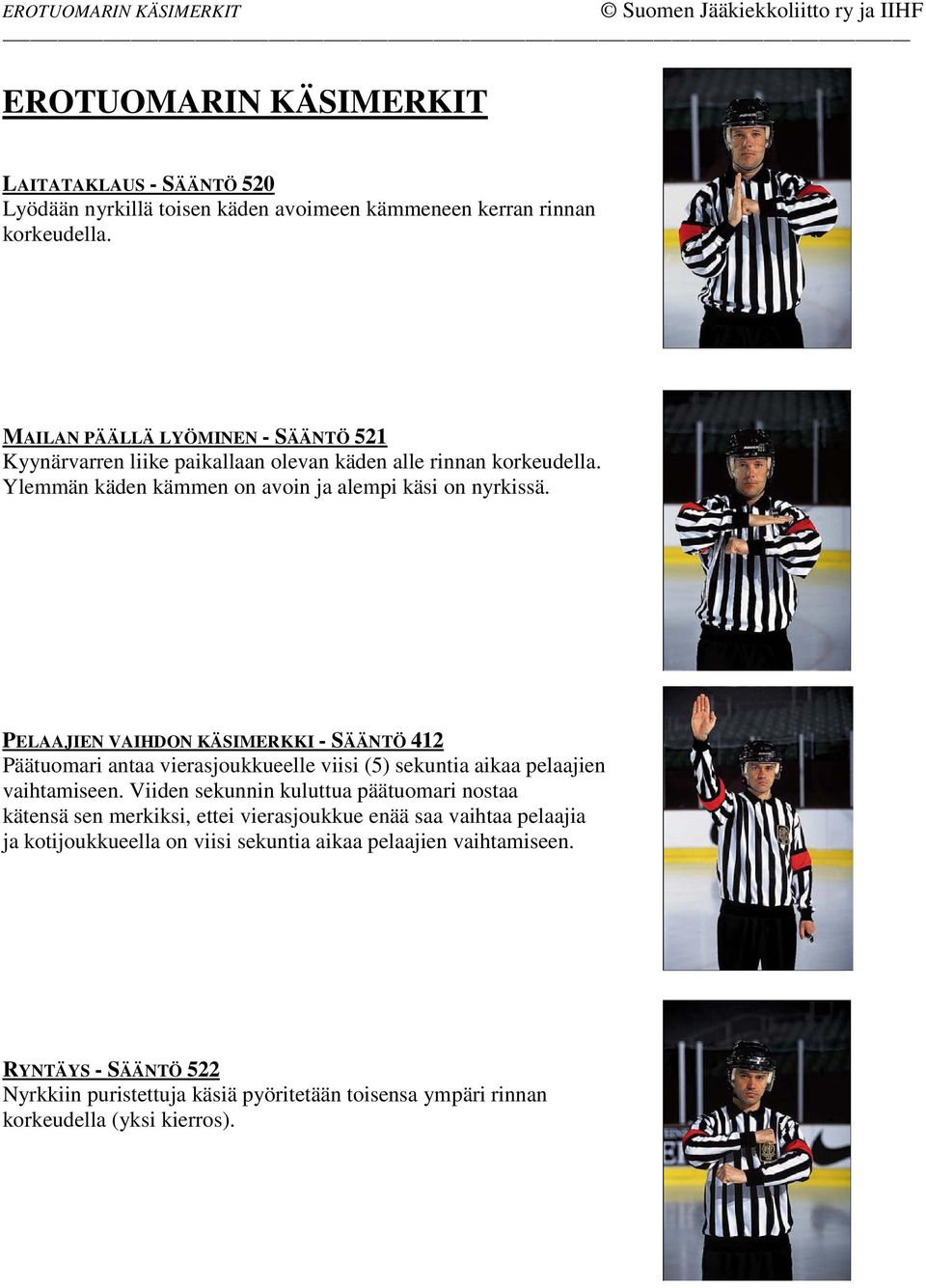 PELAAJIEN VAIHDON KÄSIMERKKI - SÄÄNTÖ 412 Päätuomari antaa vierasjoukkueelle viisi (5) sekuntia aikaa pelaajien vaihtamiseen.