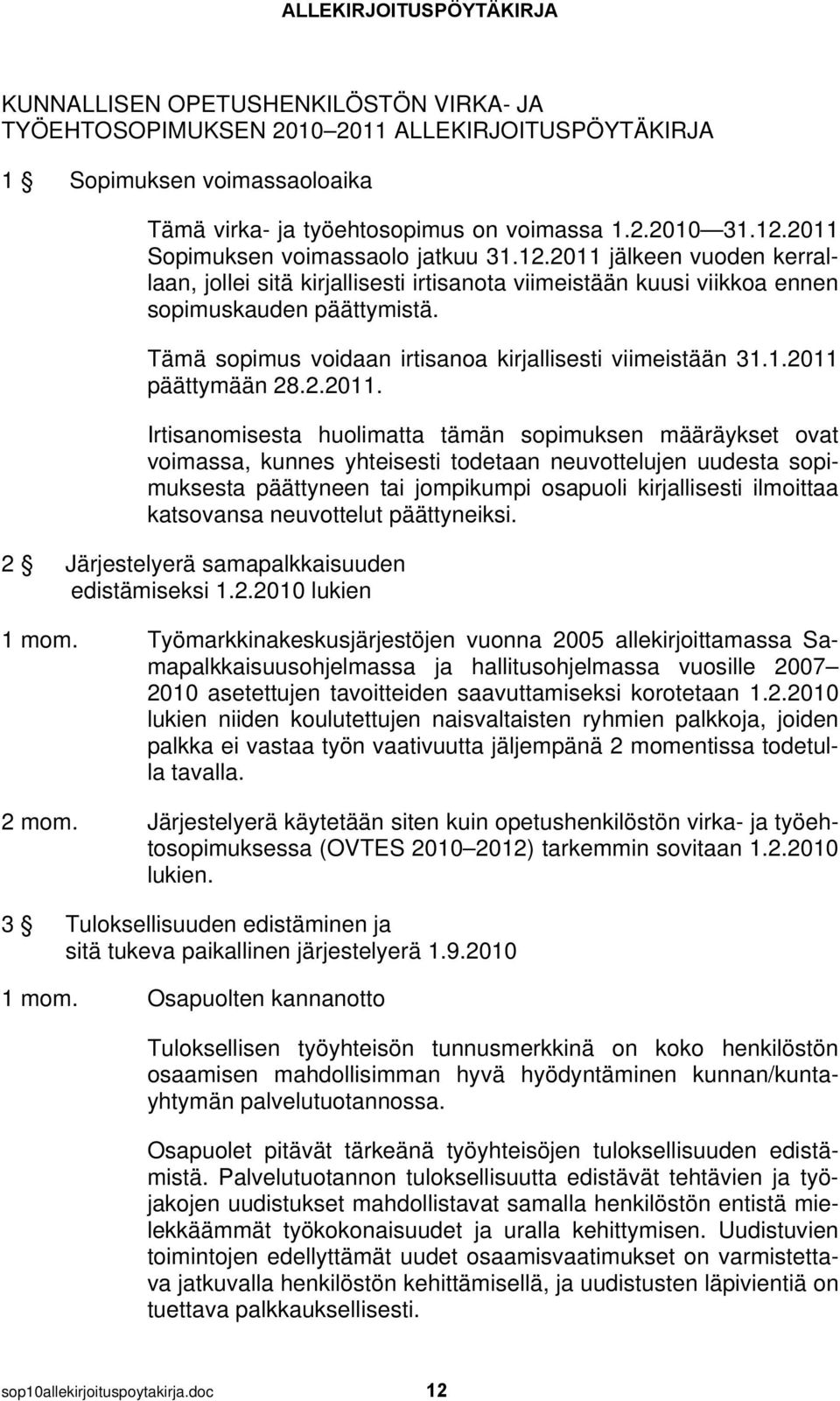 Tämä sopimus voidaan irtisanoa kirjallisesti viimeistään 31.1.2011 