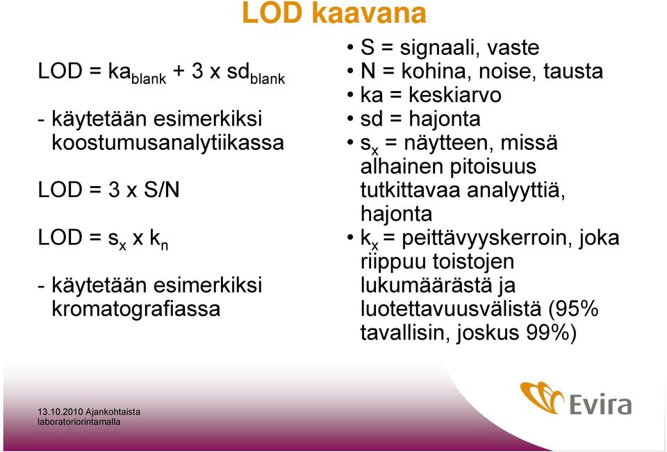 = keskiarvo sd = hajonta s x = näytteen, missä alhainen pitoisuus tutkittavaa analyyttiä, hajonta k x =