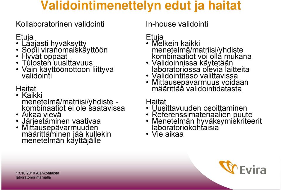 käyttäjälle In-house validointi Etuja Melkein kaikki menetelmä/matriisi/yhdiste kombinaatiot voi olla mukana Validoinnissa käytetään laboratoriossa olevia laitteita Validointitaso