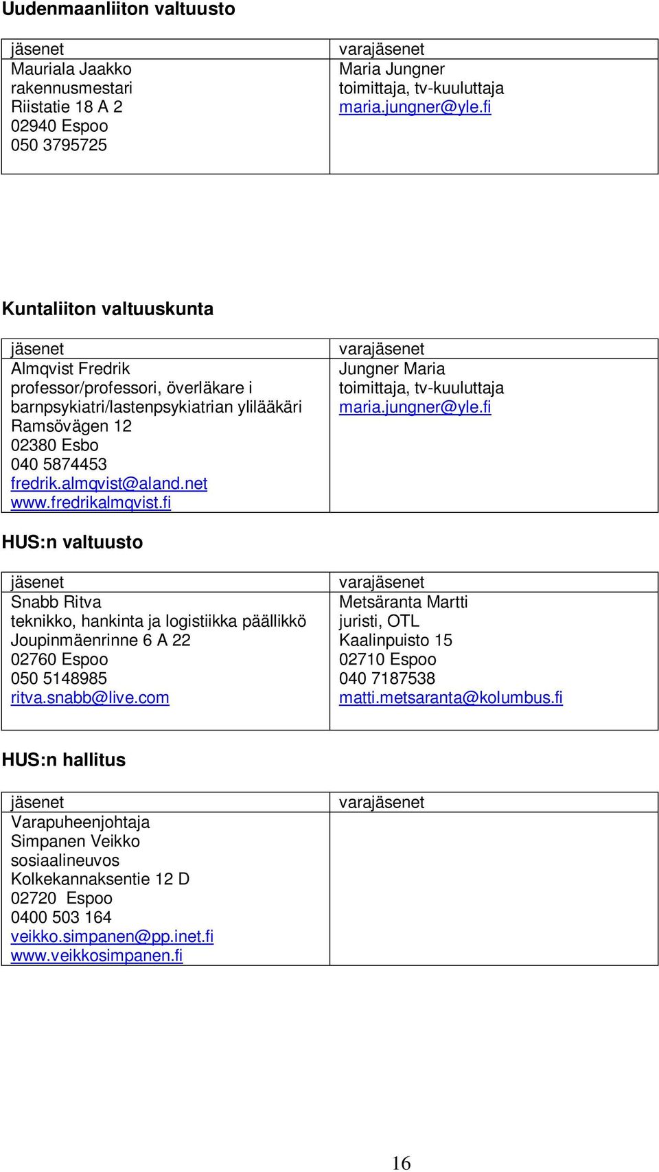 fredrikalmqvist.fi vara Jungner Maria toimittaja, tv-kuuluttaja maria.jungner@yle.fi HUS:n valtuusto Snabb Ritva teknikko, hankinta ja logistiikka päällikkö Joupinmäenrinne 6 A 22 050 5148985 ritva.