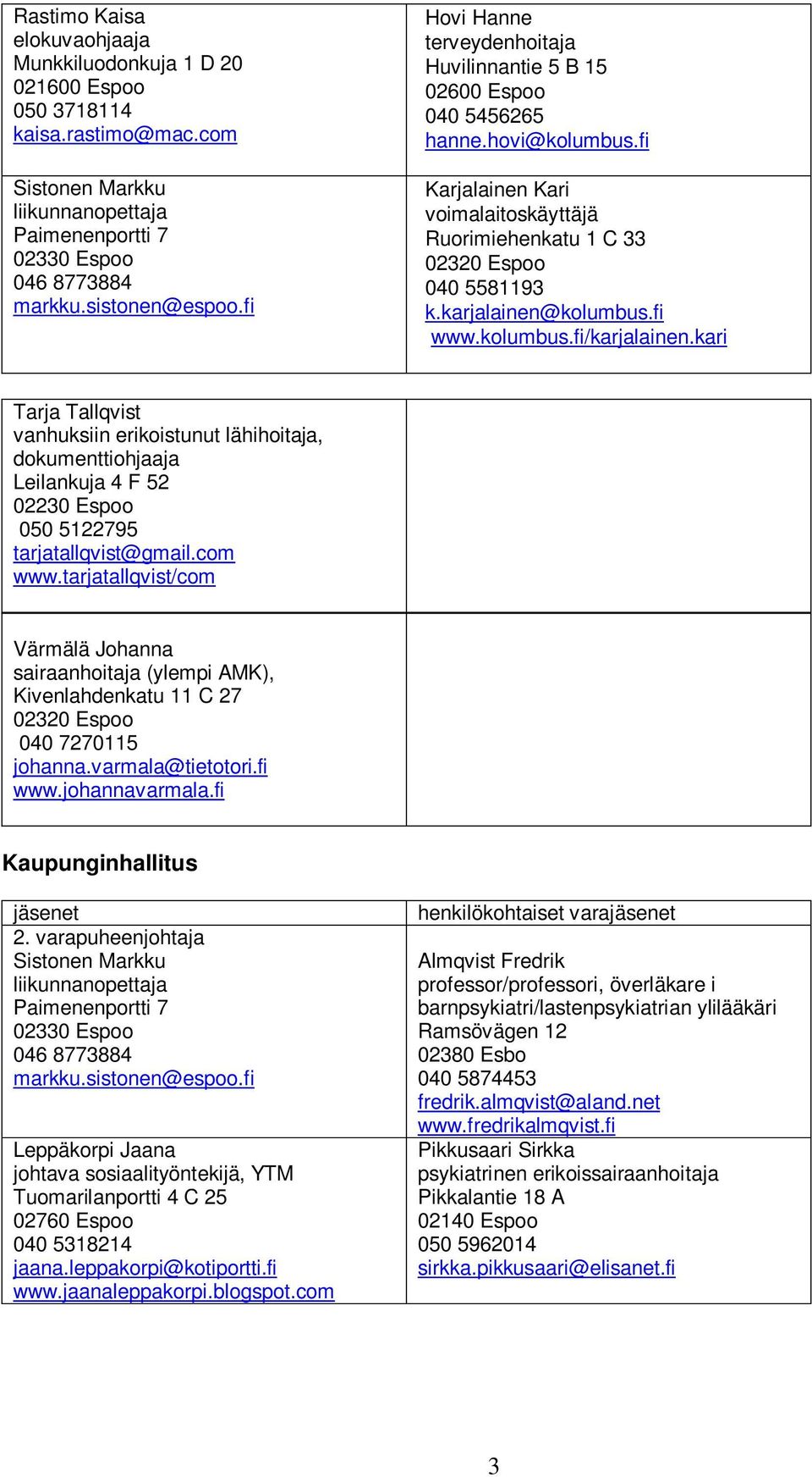 karjalainen@kolumbus.fi www.kolumbus.fi/karjalainen.kari Tarja Tallqvist vanhuksiin erikoistunut lähihoitaja, dokumenttiohjaaja Leilankuja 4 F 52 02230 Espoo 050 5122795 tarjatallqvist@gmail.com www.