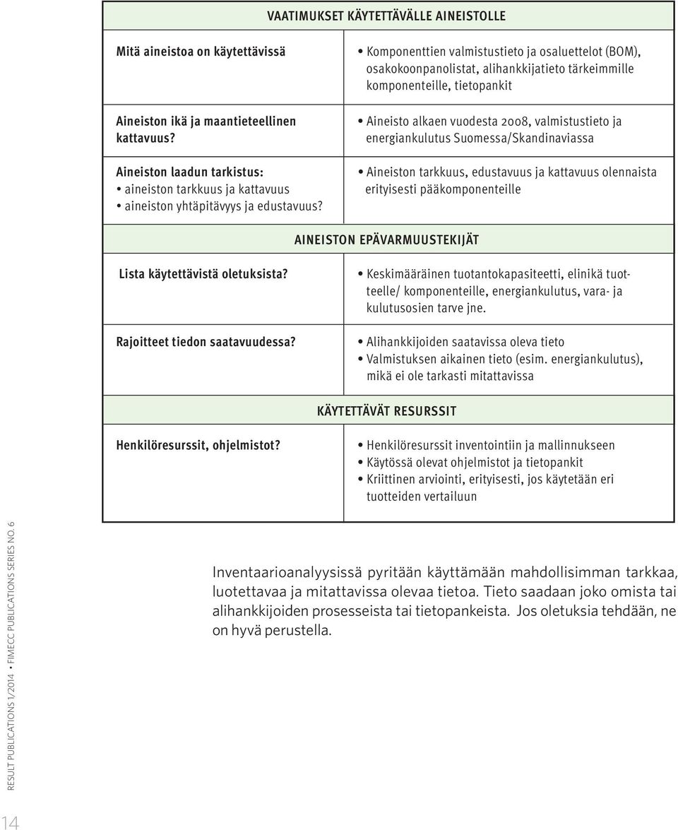 Komponenttien valmistustieto ja osaluettelot (BOM), osakokoonpanolistat, alihankkijatieto tärkeimmille komponenteille, tietopankit Aineisto alkaen vuodesta 2008, valmistustieto ja energiankulutus