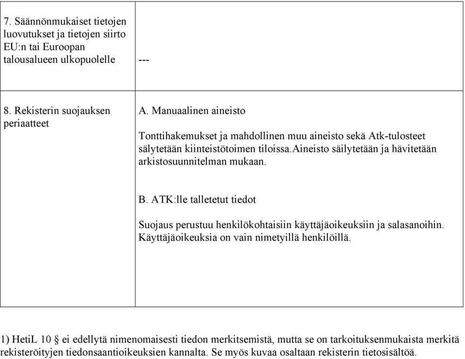 aineisto säilytetään ja hävitetään arkistosuunnitelman mukaan. B. ATK:lle talletetut tiedot Suojaus perustuu henkilökohtaisiin käyttäjäoikeuksiin ja salasanoihin.