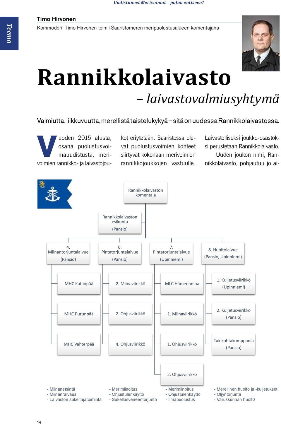 uudessa Rannikkolaivastossa. Vuoden 2015 alusta, osana puolustusvoimauudistusta, merivoimien rannikko- ja laivastojoukot eriytetään.