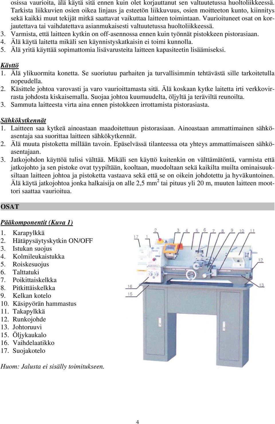 Vaurioituneet osat on korjautettava tai vaihdatettava asianmukaisesti valtuutetussa huoltoliikkeessä. 3. Varmista, että laitteen kytkin on off-asennossa ennen kuin työnnät pistokkeen pistorasiaan. 4.