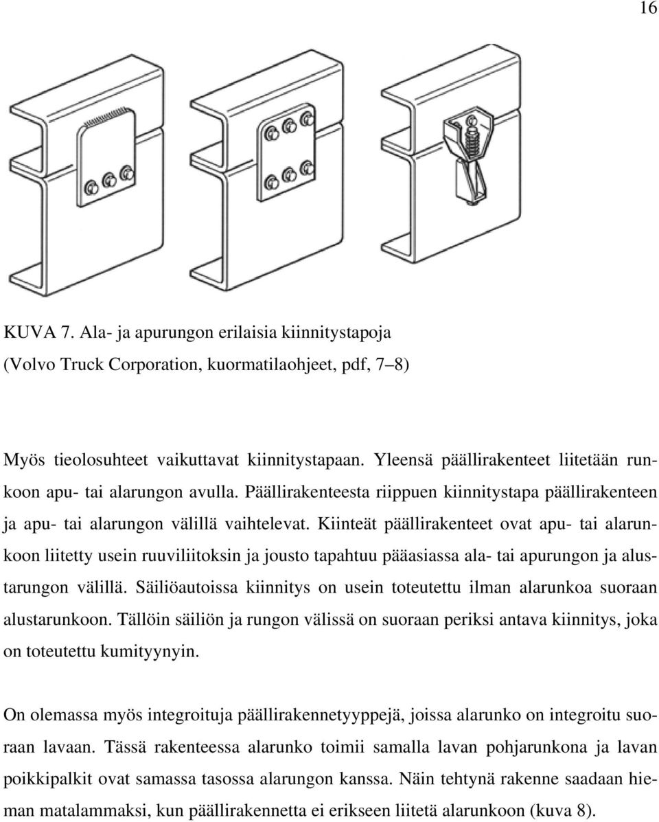 Kiinteät päällirakenteet ovat apu- tai alarunkoon liitetty usein ruuviliitoksin ja jousto tapahtuu pääasiassa ala- tai apurungon ja alustarungon välillä.