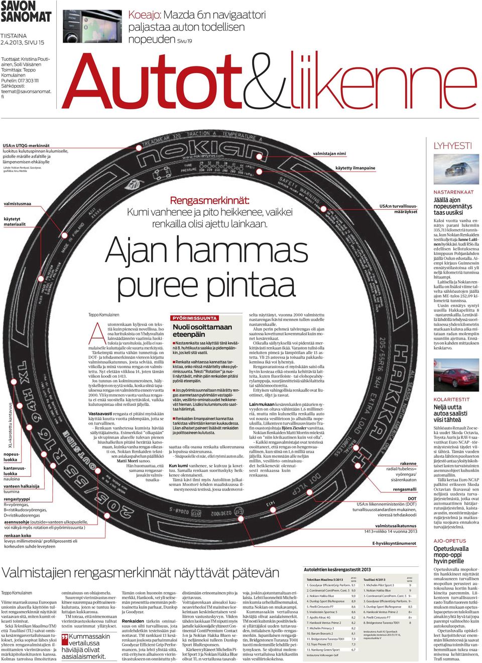 ehkäisylle Lähde: Nokian Renkaat, Goodyear, grafiikka: Anu Mattila valmistajan nimi käytetty ilmanpaine Lyhyesti valmistusmaa käytetyt materiaalit XL=korotettu kantavuus USA:n turvallisuusmääräykset