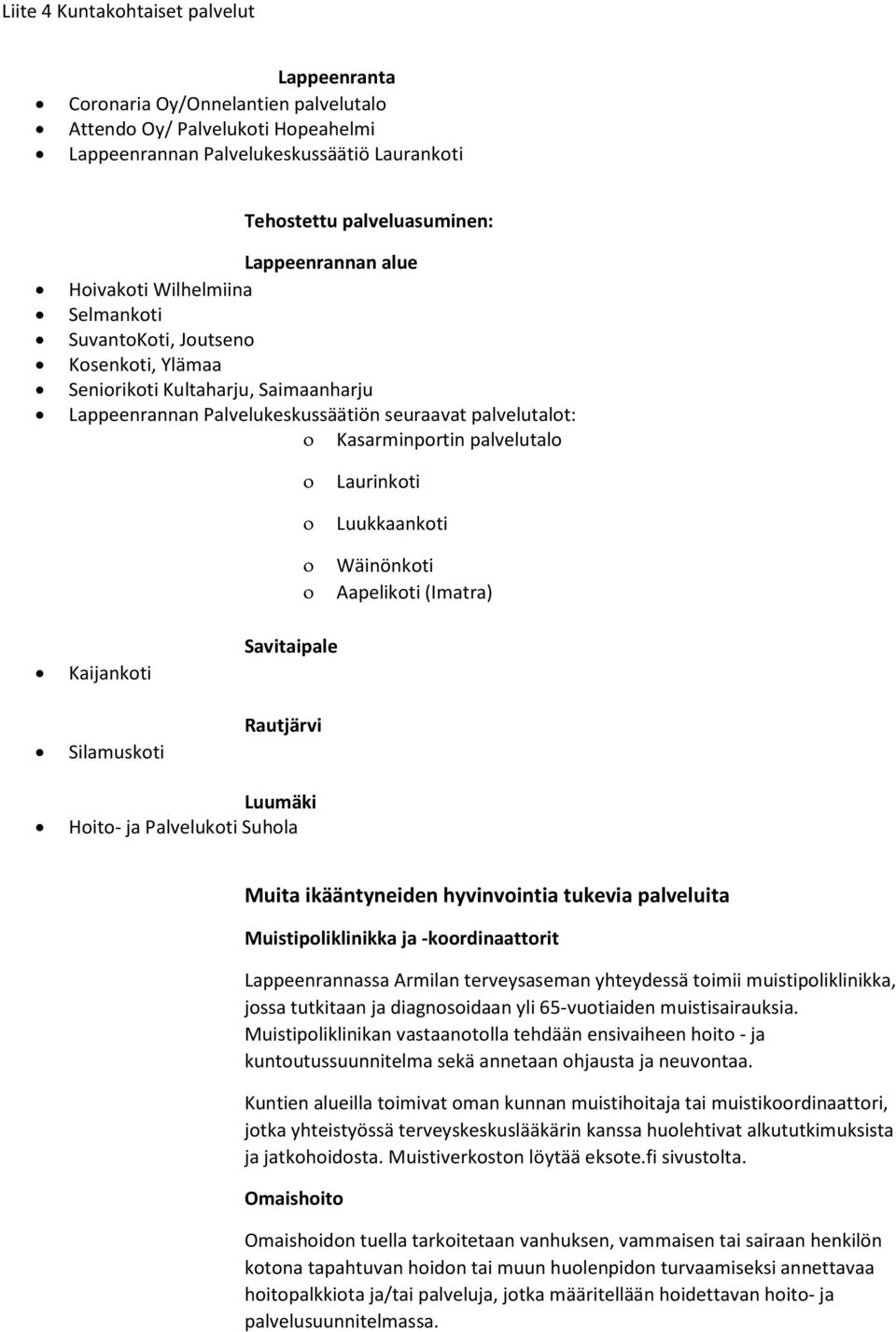 Aapelikoti (Imatra) Kaijankoti Silamuskoti Luumäki Hoito- ja Palvelukoti Suhola Muita ikääntyneiden hyvinvointia tukevia palveluita Muistipoliklinikka ja -koordinaattorit Lappeenrannassa Armilan