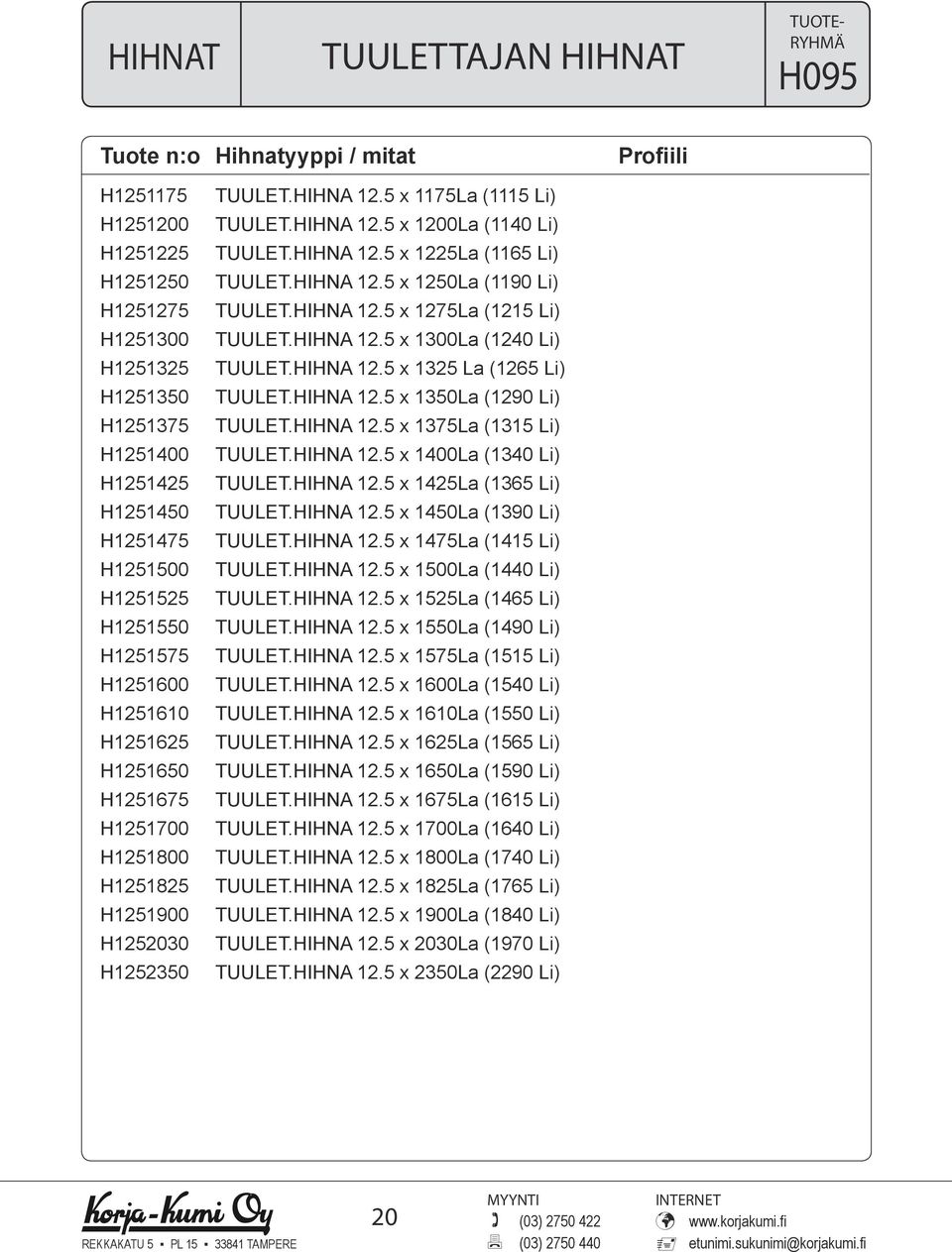 HIHNA 12.5 x 1275La (1215 Li) TUULET.HIHNA 12.5 x 13La (124 Li) TUULET.HIHNA 12.5 x 1325 La (1265 Li) TUULET.HIHNA 12.5 x 135La (129 Li) TUULET.HIHNA 12.5 x 1375La (1315 Li) TUULET.HIHNA 12.5 x 14La (134 Li) TUULET.