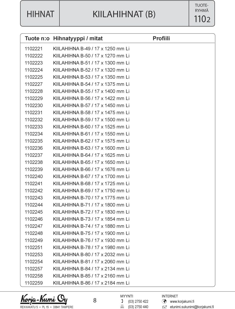 B-58 / 17 x 1475 mm Li 112232 KIILAHIHNA B-59 / 17 x 15 mm Li 112233 KIILAHIHNA B-6 / 17 x 1525 mm Li 112234 KIILAHIHNA B-61 / 17 x 155 mm Li 112235 KIILAHIHNA B-62 / 17 x 1575 mm Li 112236