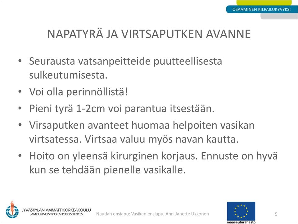 Virsaputken avanteet huomaa helpoiten vasikan virtsatessa. Virtsaa valuu myös navan kautta.