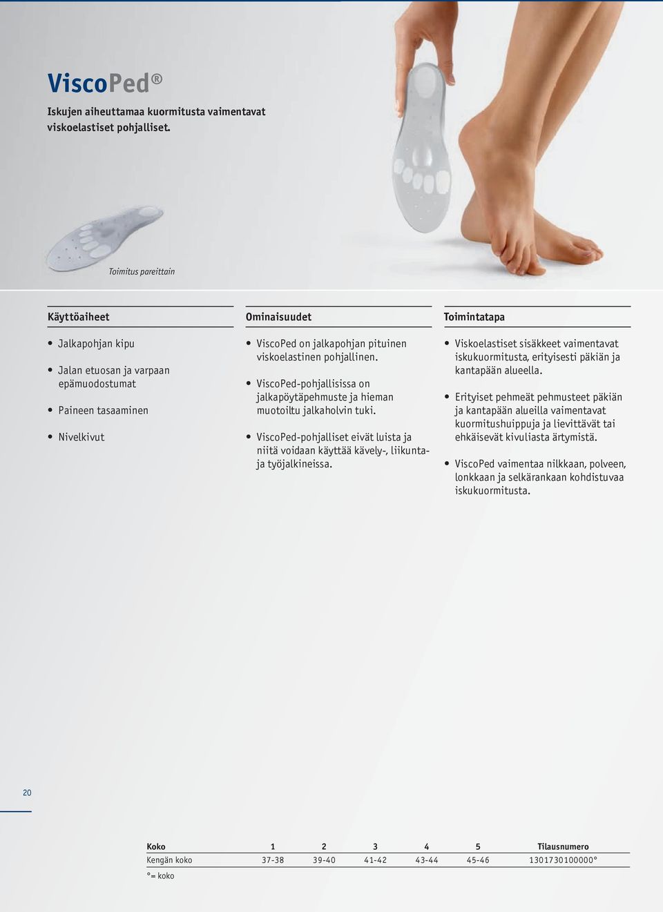 ViscoPed-pohjallisissa on jalkapöytäpehmuste ja hieman muotoiltu jalkaholvin tuki. ViscoPed-pohjalliset eivät luista ja niitä voidaan käyttää kävely-, liikuntaja työjalkineissa.