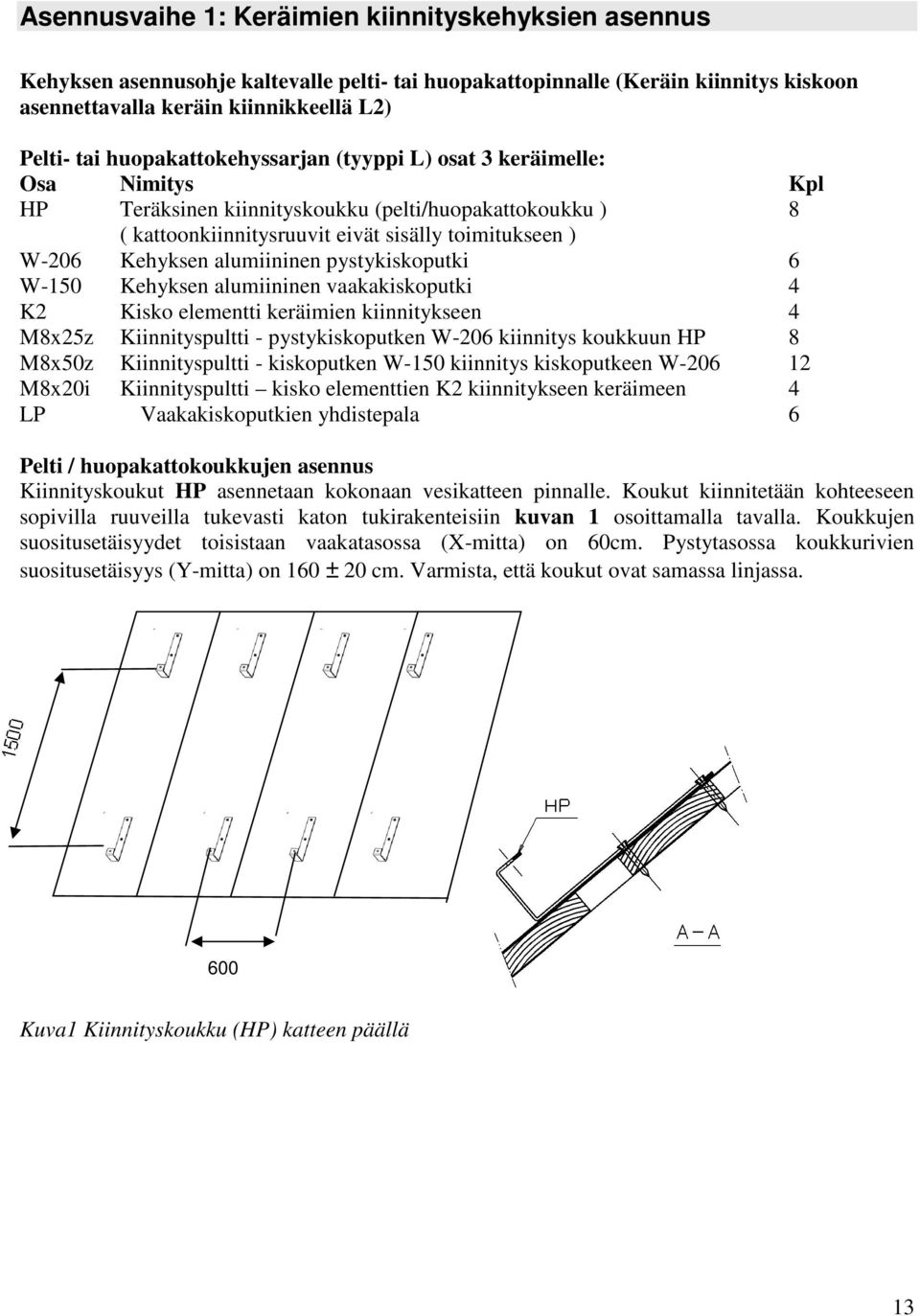 alumiininen pystykiskoputki 6 W-150 Kehyksen alumiininen vaakakiskoputki 4 K2 Kisko elementti keräimien kiinnitykseen 4 M8x25z Kiinnityspultti - pystykiskoputken W-206 kiinnitys koukkuun HP 8 M8x50z