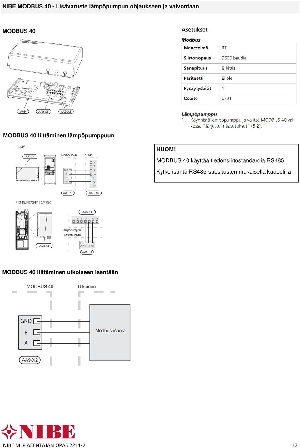 MODBUS 40 käyttää tiedonsiirtostandardia RS485.