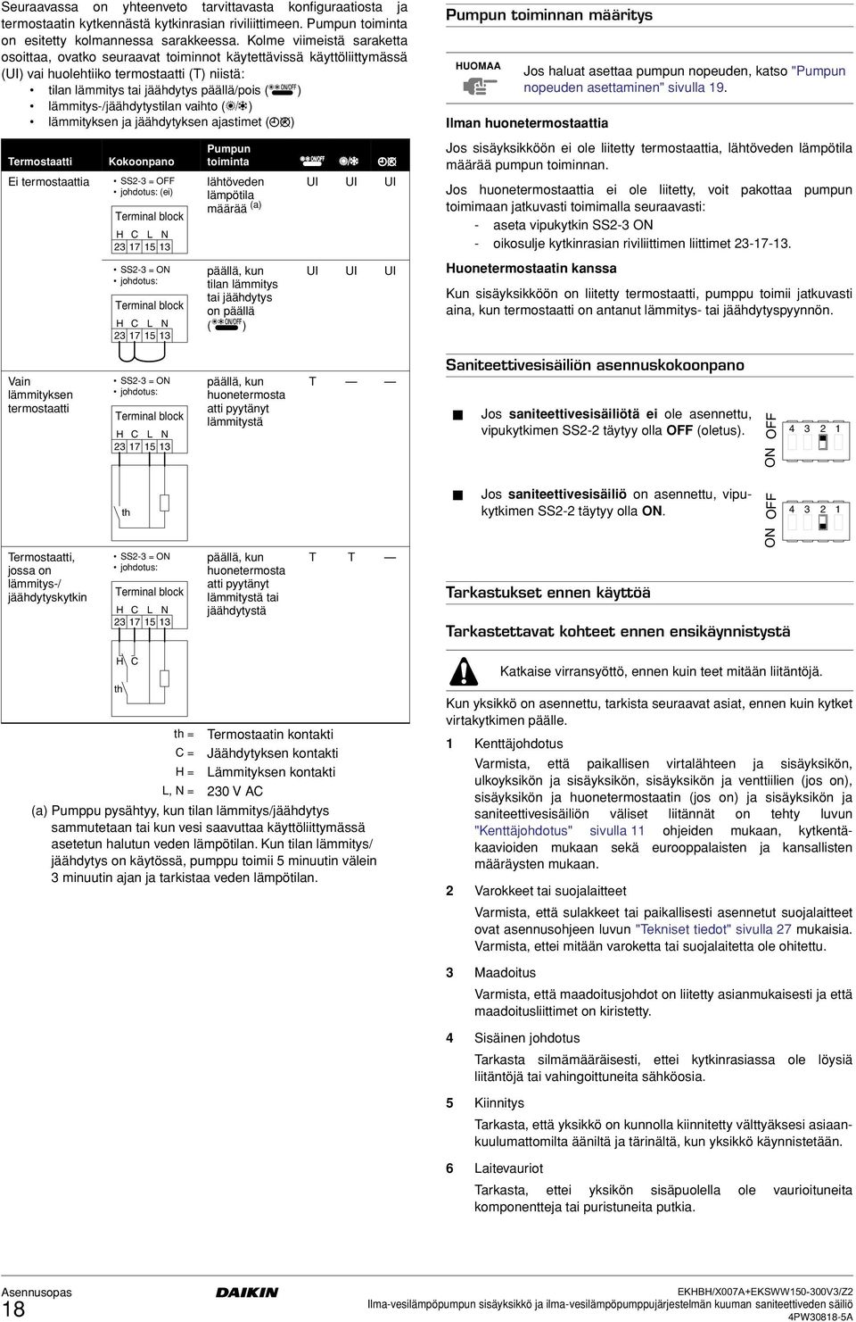 lämmitys-/jäähdytystilan vaihto (=) lämmityksen ja jäähdytyksen ajastimet (pr) Termostaatti Ei termostaattia Kokoonpano SS- = OFF johdotus: (ei) Terminal block H C L N 7 5 SS- = ON johdotus: Terminal