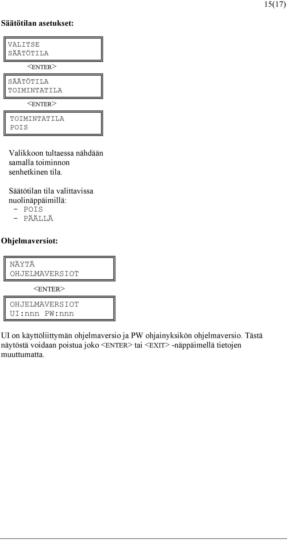 Säätötilan tila valittavissa nuolinäppäimillä: - POIS - PÄÄLLÄ Ohjelmaversiot: NÄYTÄ OHJELMAVERSIOT
