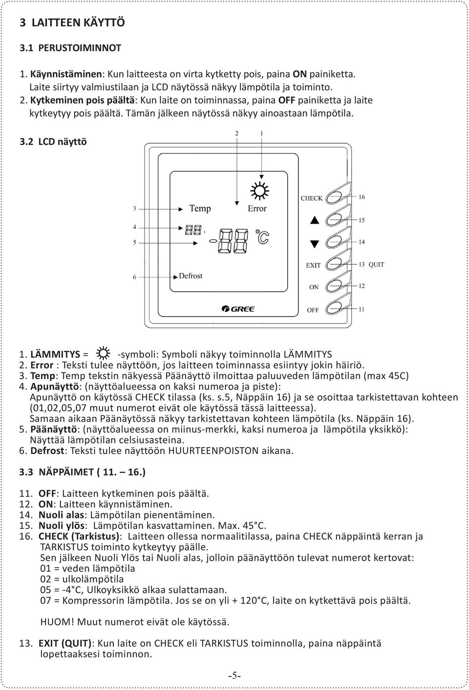 LÄMMITYS=-symboli: Symboli näkyy toiminnolla LÄMMITYS 2. Error : Teksti tulee näyttöön, jos laitteen toiminnassa esiintyy jokin häiriö. 1. 3.
