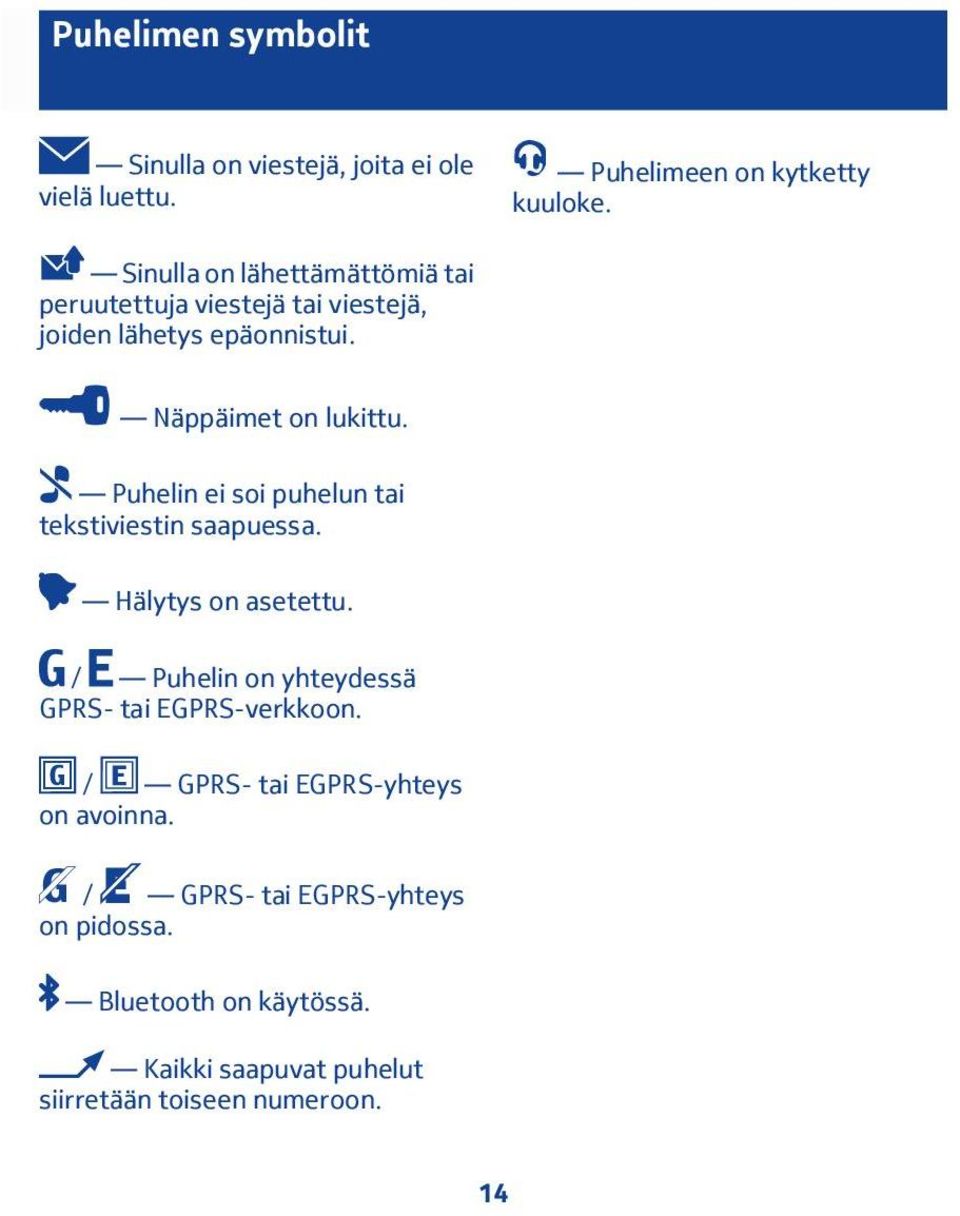 Puhelin ei soi puhelun tai tekstiviestin saapuessa. Hälytys on asetettu. / Puhelin on yhteydessä GPRS- tai EGPRS-verkkoon.