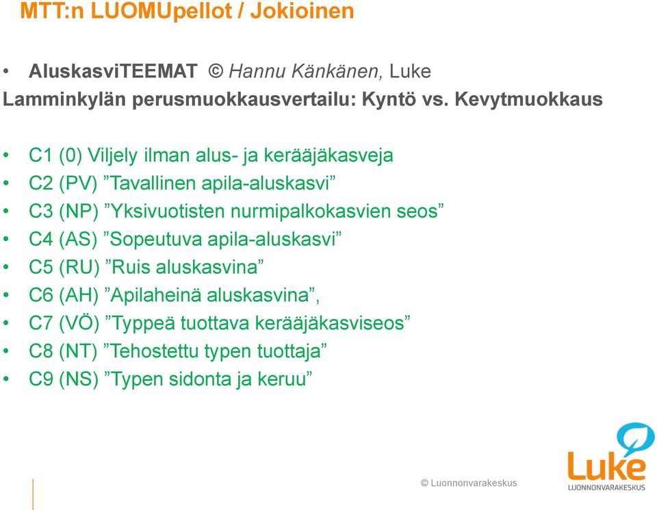 Yksivuotisten nurmipalkokasvien seos C4 (AS) Sopeutuva apila-aluskasvi C5 (RU) Ruis aluskasvina C6 (AH)