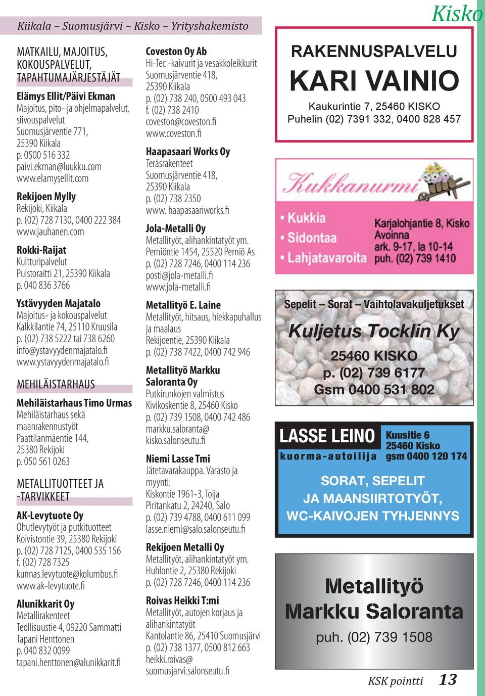 com Rokki-Raijat Kultturipalvelut Puistoraitti 21, 25390 Kiikala p. 040 836 3766 Ystävyyden Majatalo Majoitus- ja kokouspalvelut Kalkkilantie 74, 25110 Kruusila p.