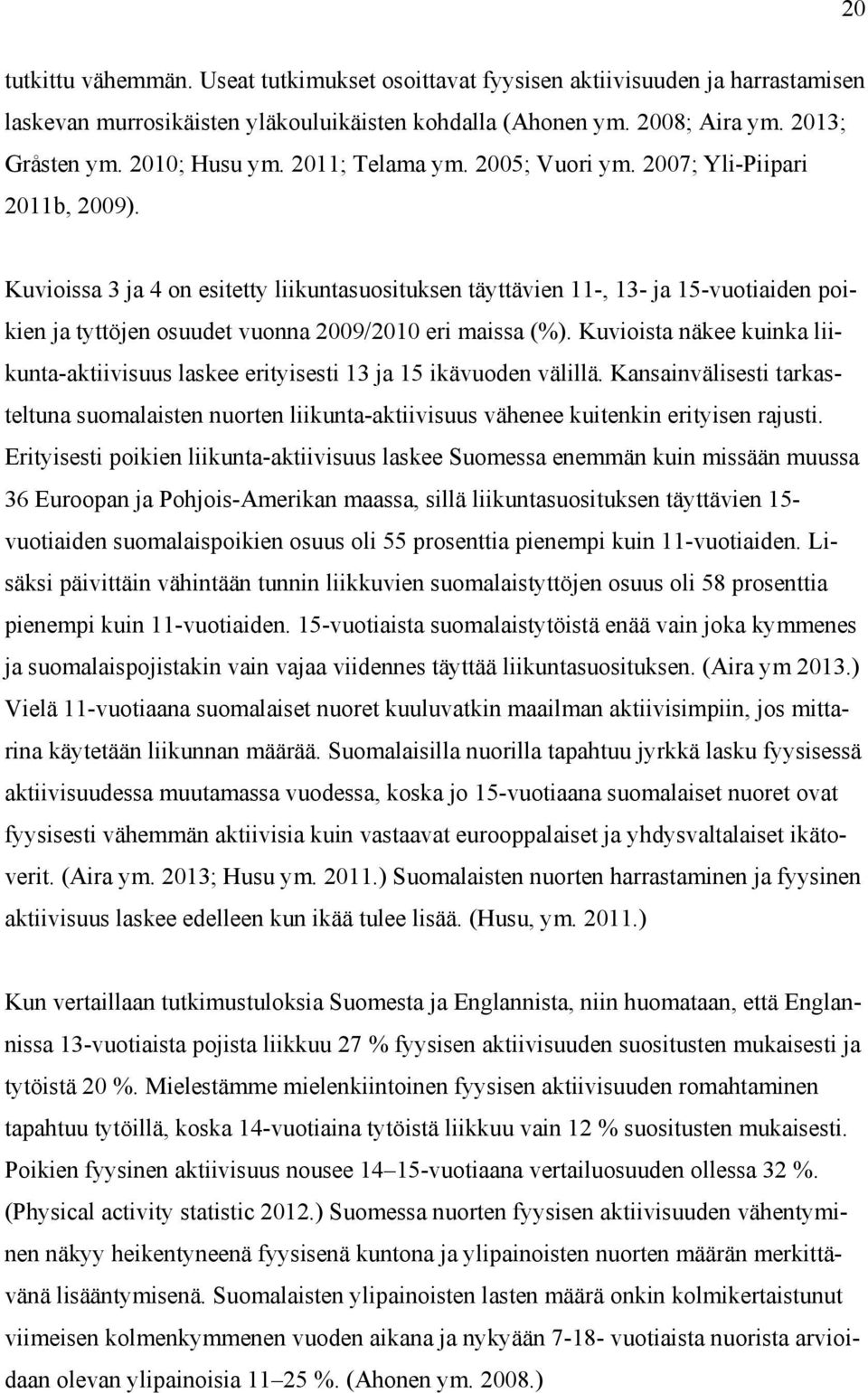 Kuvioissa 3 ja 4 on esitetty liikuntasuosituksen täyttävien 11-, 13- ja 15-vuotiaiden poikien ja tyttöjen osuudet vuonna 2009/2010 eri maissa (%).