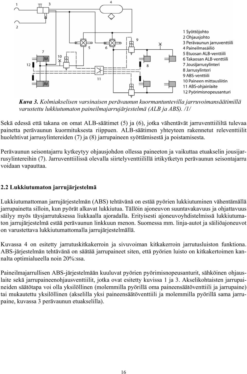 ALB-säätimen yhteyteen rakennetut releventtiilit huolehtivat jarrusylintereiden (7) ja (8) jarrupaineen syöttämisestä ja poistamisesta.