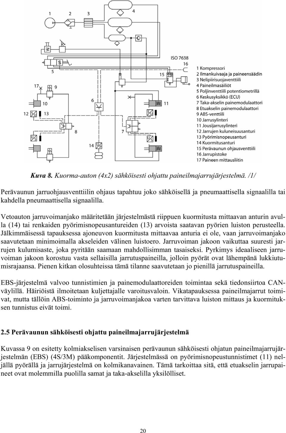 Vetoauton jarruvoimanjako määritetään järjestelmästä riippuen kuormitusta mittaavan anturin avulla (14) tai renkaiden pyörimisnopeusantureiden (13) arvoista saatavan pyörien luiston perusteella.