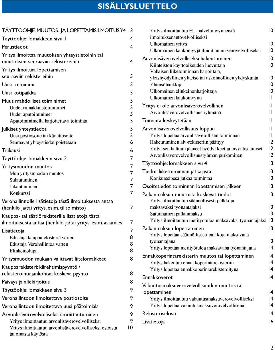 toiminta 5 Julkiset yhteystiedot 5 Uusi postiosoite tai käyntiosoite 5 Seuraavat yhteystiedot poistetaan 6 Tilikausi 6 Täyttöohje: lomakkeen sivu 2 7 Yritysmuodon muutos 7 Muu yritysmuodon muutos 7