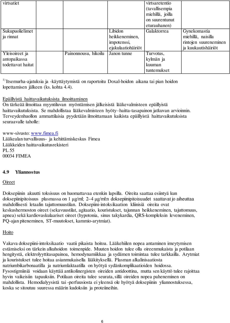 -käyttäytymistä on raportoitu Doxal-hoidon aikana tai pian hoidon lopettamisen jälkeen (ks. kohta 4.4).