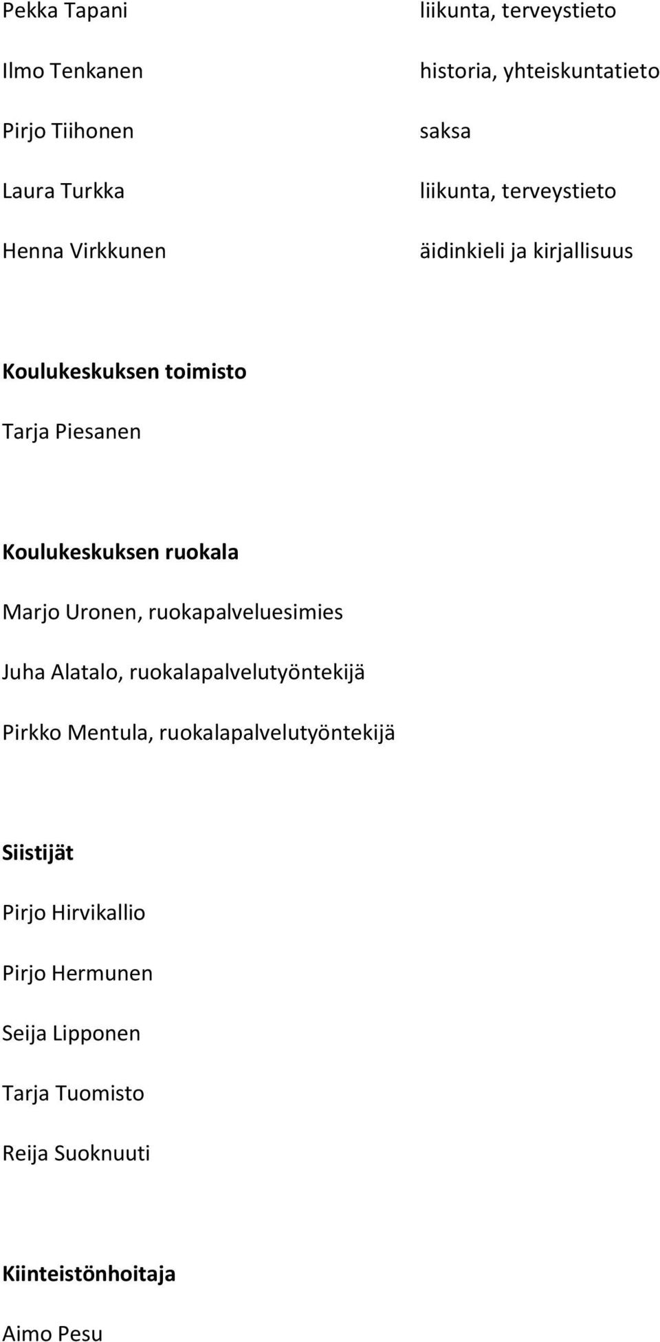 Koulukeskuksen ruokala Marjo Uronen, ruokapalveluesimies Juha Alatalo, ruokalapalvelutyöntekijä Pirkko Mentula,