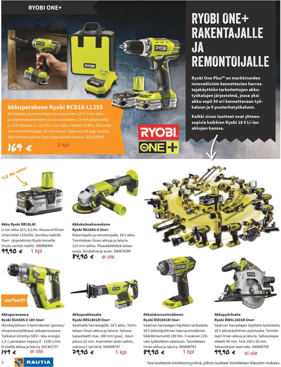 501203948 169 RYOBI ONE+ RAKENTAJALLE JA REMONTOIJALLE Ryobi One Plus on markkinoiden innovatiivisin kannettavien harrastajakäyttöön tarkoitettujen akkutyökalujen järjestelmä, jossa yksi akku sopii