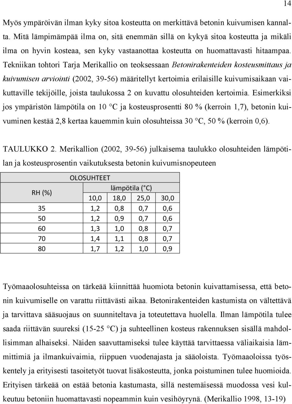 Tekniikan tohtori Tarja Merikallio on teoksessaan Betonirakenteiden kosteusmittaus ja kuivumisen arviointi (2002, 39-56) määritellyt kertoimia erilaisille kuivumisaikaan vaikuttaville tekijöille,