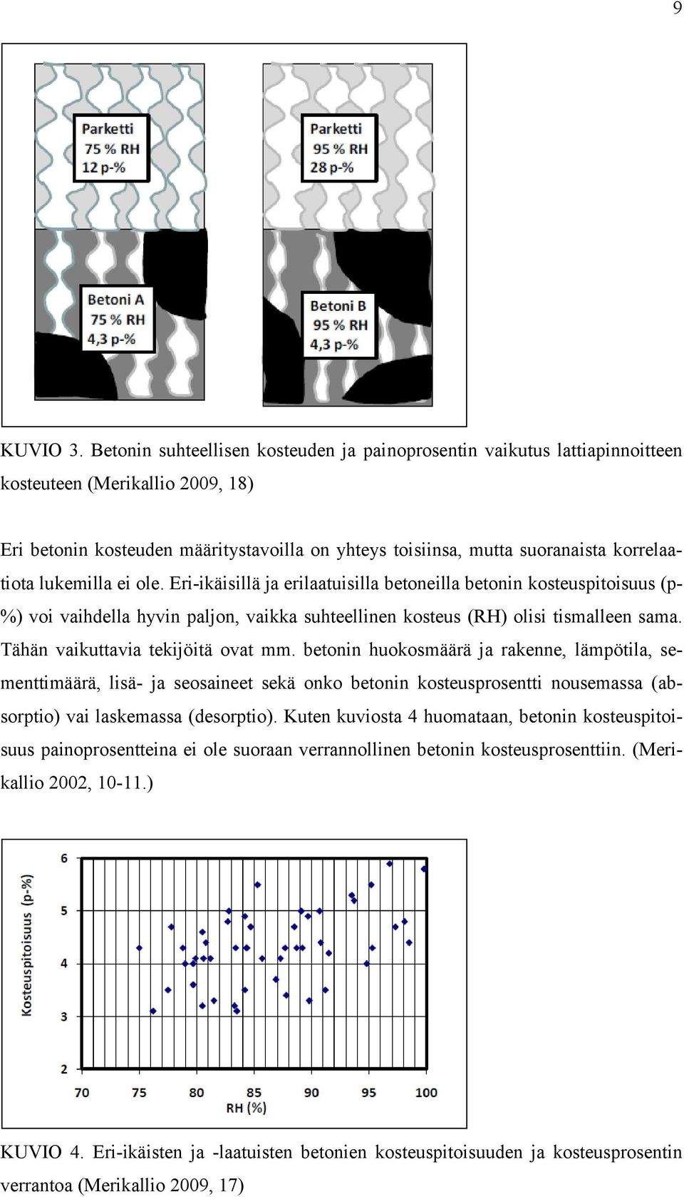 korrelaatiota lukemilla ei ole. Eri-ikäisillä ja erilaatuisilla betoneilla betonin kosteuspitoisuus (p- %) voi vaihdella hyvin paljon, vaikka suhteellinen kosteus (RH) olisi tismalleen sama.