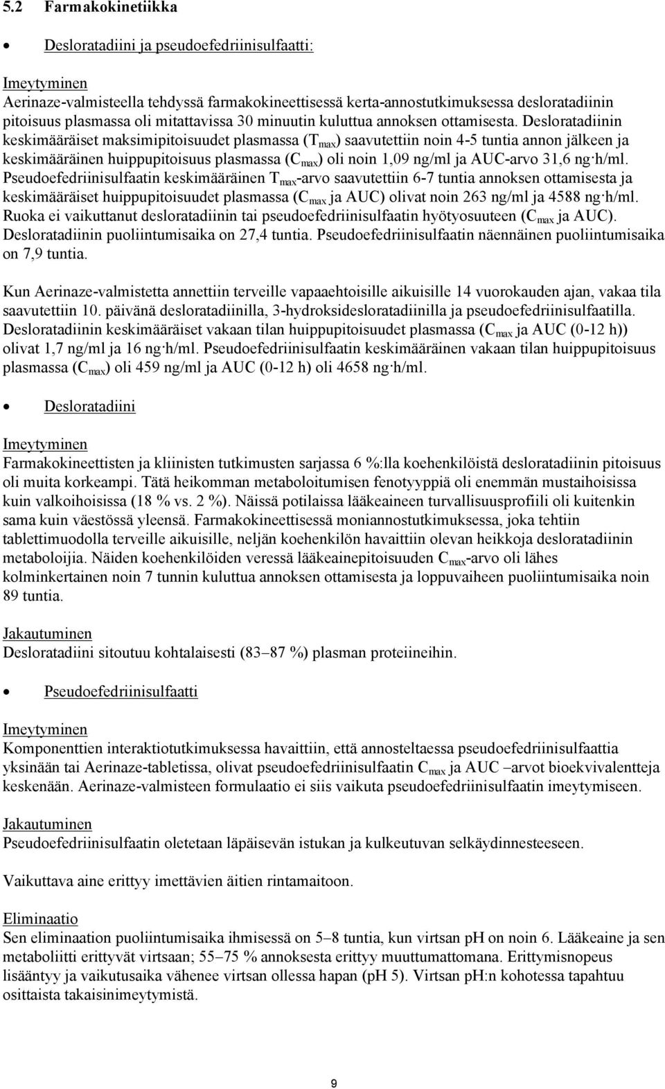 Desloratadiinin keskimääräiset maksimipitoisuudet plasmassa (T max ) saavutettiin noin 4-5 tuntia annon jälkeen ja keskimääräinen huippupitoisuus plasmassa (C max ) oli noin 1,09 ng/ml ja AUC-arvo