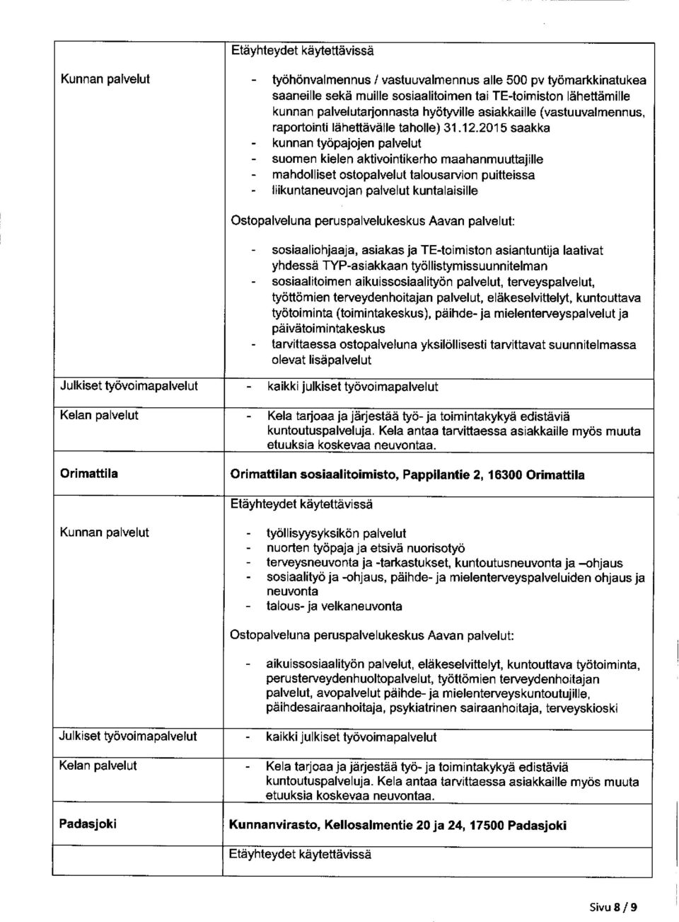 2015 saakka - kunnan työpajojen palvelut - suomen kielen aktivointikerho maahanmuuttajille - mahdolliset ostopalvelut talousarvion puitteissa - liikuntaneuvojan palvelut kuntalaisille Ostopalveluna