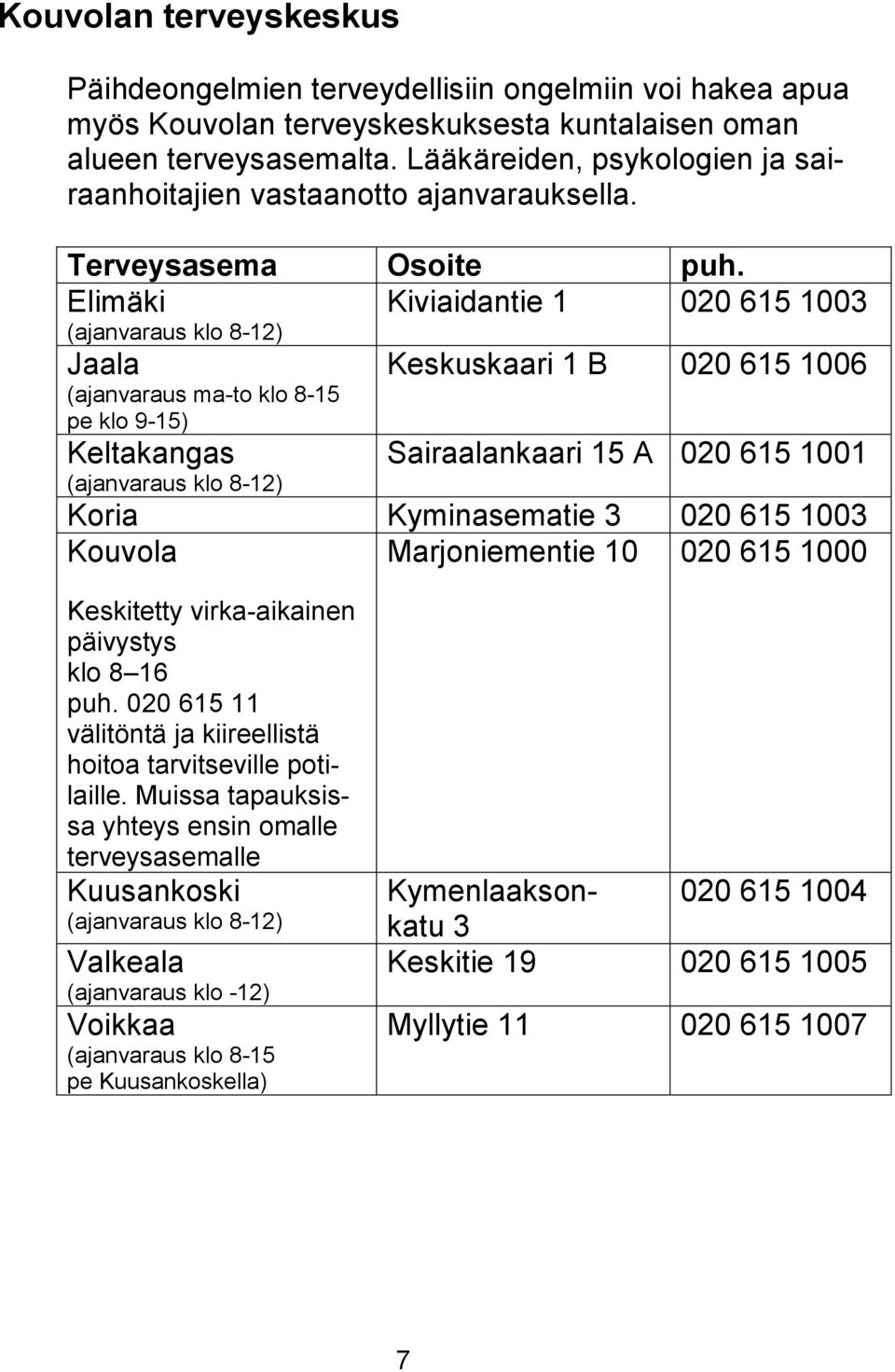 Kiviaidantie 1 020 615 1003 Elimäki (ajanvaraus klo 8-12) Jaala (ajanvaraus ma-to klo 8-15 pe klo 9-15) Keltakangas (ajanvaraus klo 8-12) Keskuskaari 1 B 020 615 1006 Sairaalankaari 15 A 020 615 1001