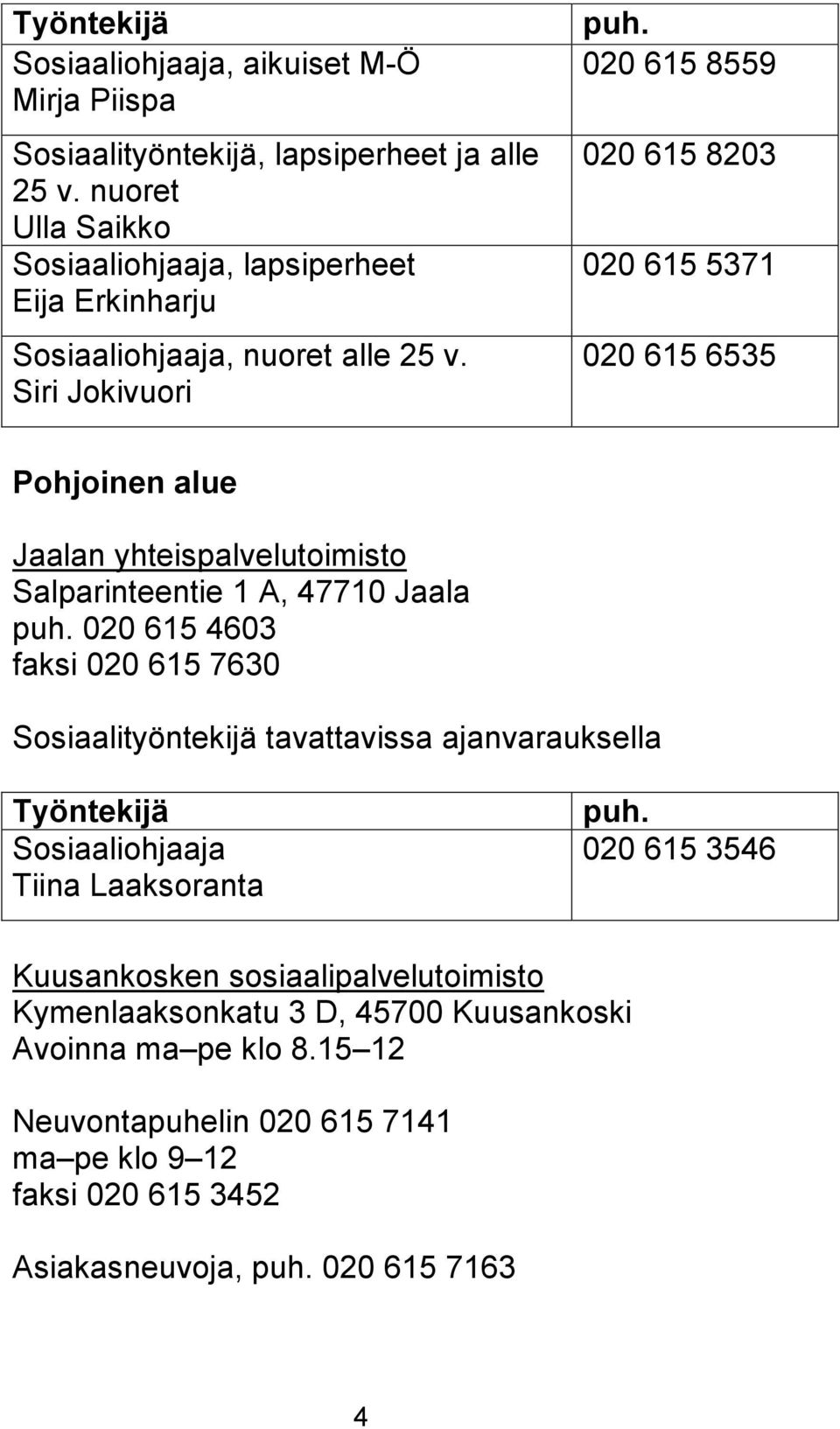 020 615 8559 020 615 8203 020 615 5371 020 615 6535 Pohjoinen alue Jaalan yhteispalvelutoimisto Salparinteentie 1 A, 47710 Jaala puh.