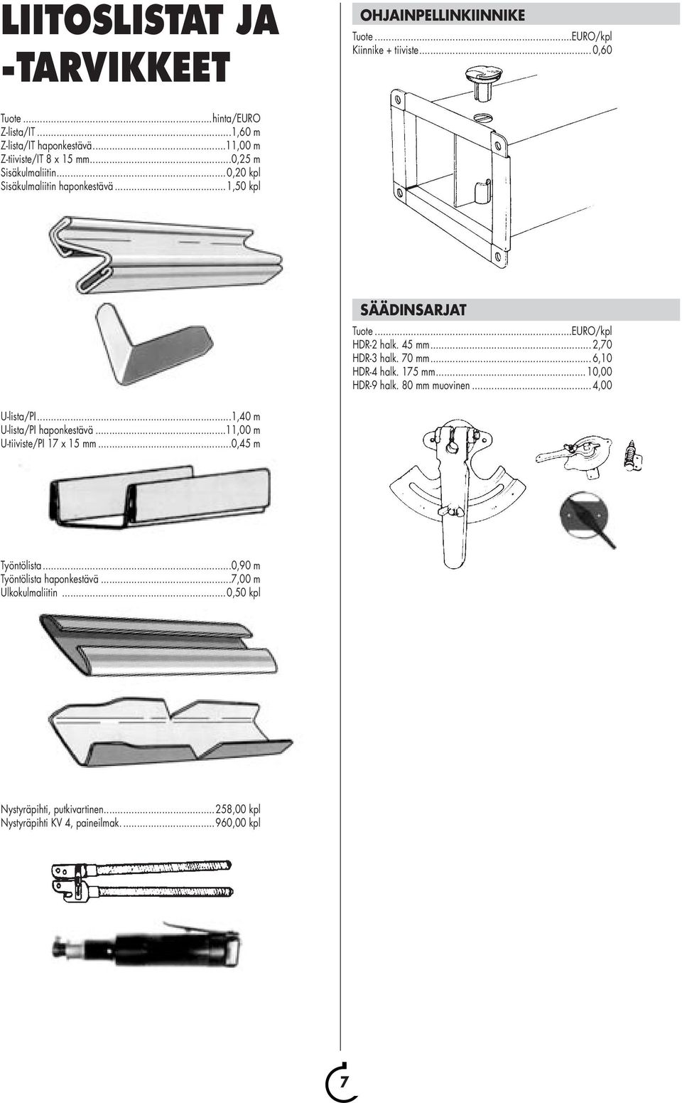.. 2,70 HDR-3 halk. 70 mm... 6,10 HDR-4 halk. 175 mm... 10,00 HDR-9 halk. 80 mm muovinen... 4,00 U-lista/PI...1,40 m U-lista/PI haponkestävä.